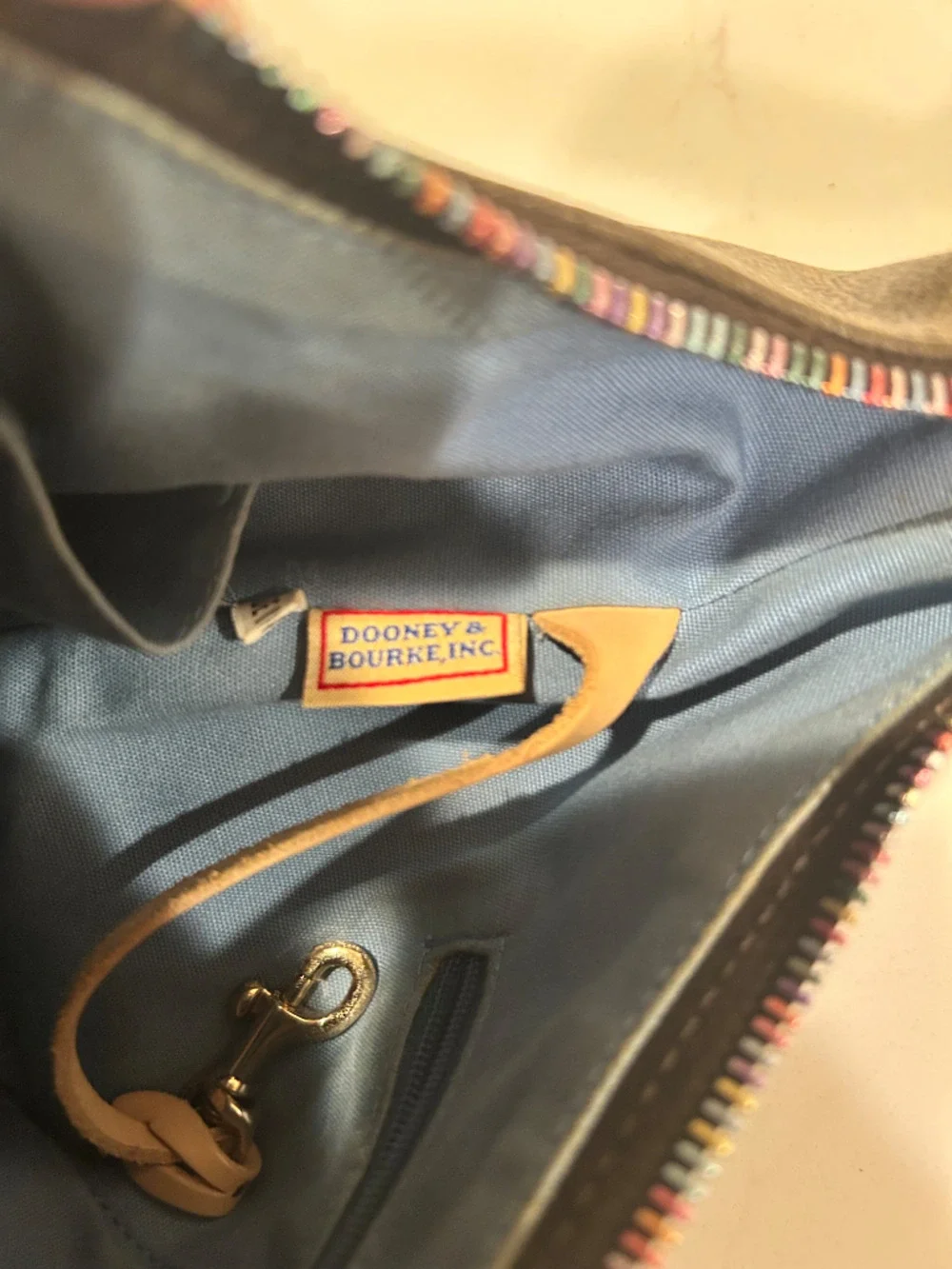 Vintage Dooney & Bourke Rainbow Monogram Brown Leather Pink Heart Zipper Handbag